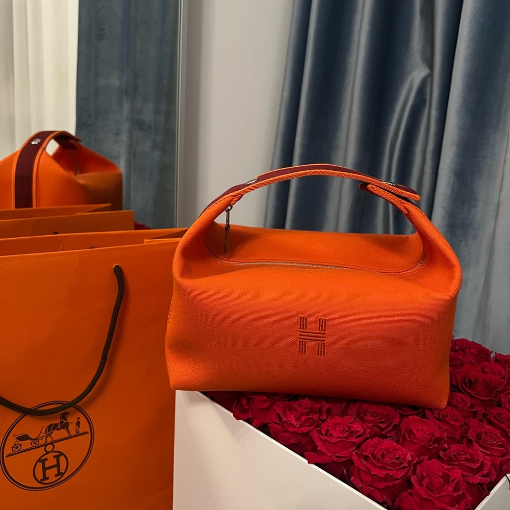 Hermes Canvas Large Bride-A-Brac Pouch Bag Orange Burgundy